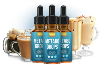 Metabo Drops supplement bottles with coffee cups for morning metabolism support