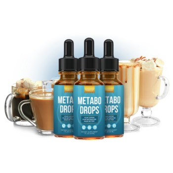 Metabo Drops supplement bottles with coffee cups for morning metabolism support