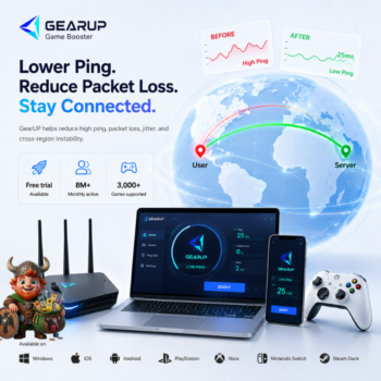 GearUP Game Booster interface showing ping reduction for competitive gaming